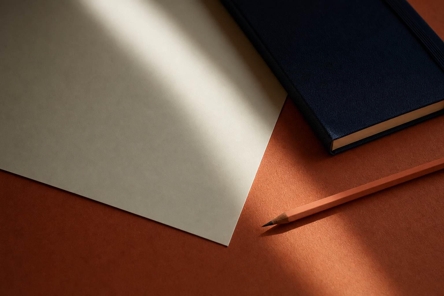 A blank strategy sheet and navy notebook on a warm coral desk